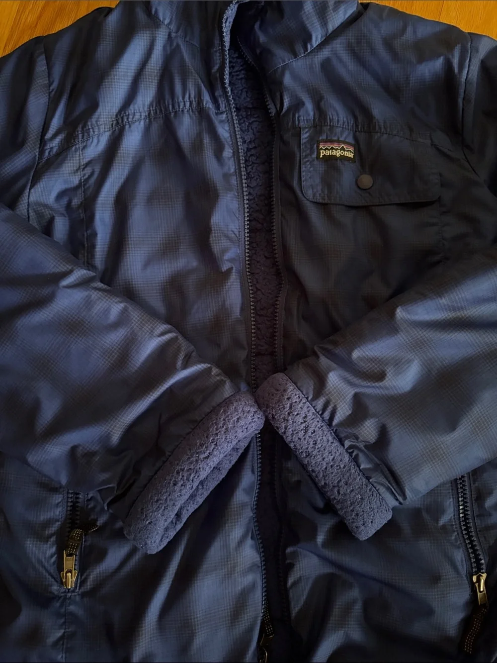 Patagonia Kids Blue Hooded Reversible Puffer Jacket